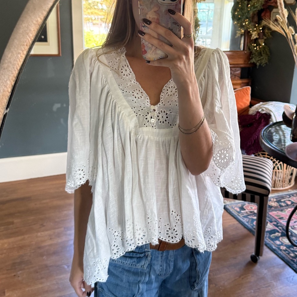 Free People :: Costa Eyelet Top ivory white sz XL